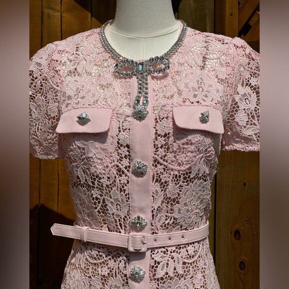 🆕 SELF-PORTRAIT 🧿 BNWOT Pink Lace Diamante Bow Midi Dress, Sz US 4 / UK 8 - Picture 12 of 16
